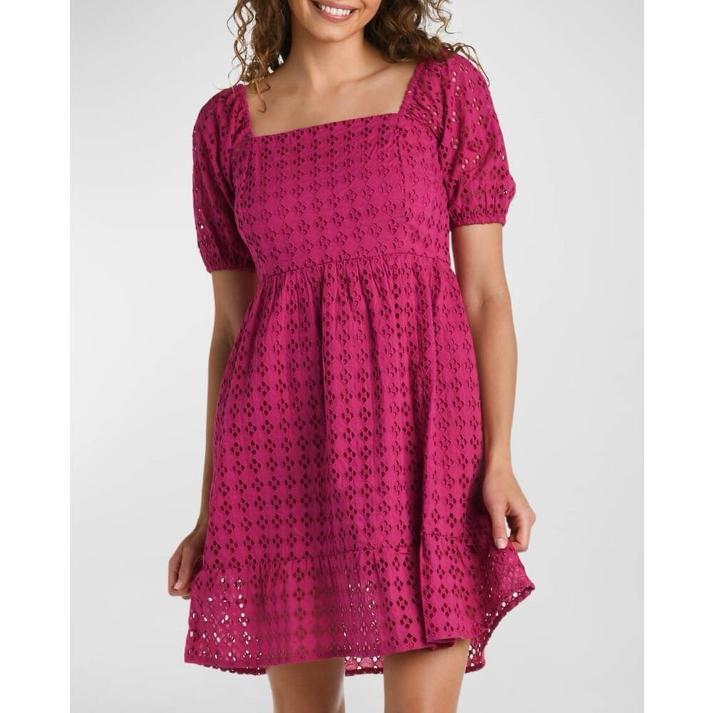 La Blanca Saltwater Sands Square Neck Mini Dress Size XL Magenta Pink Eyelet NEW